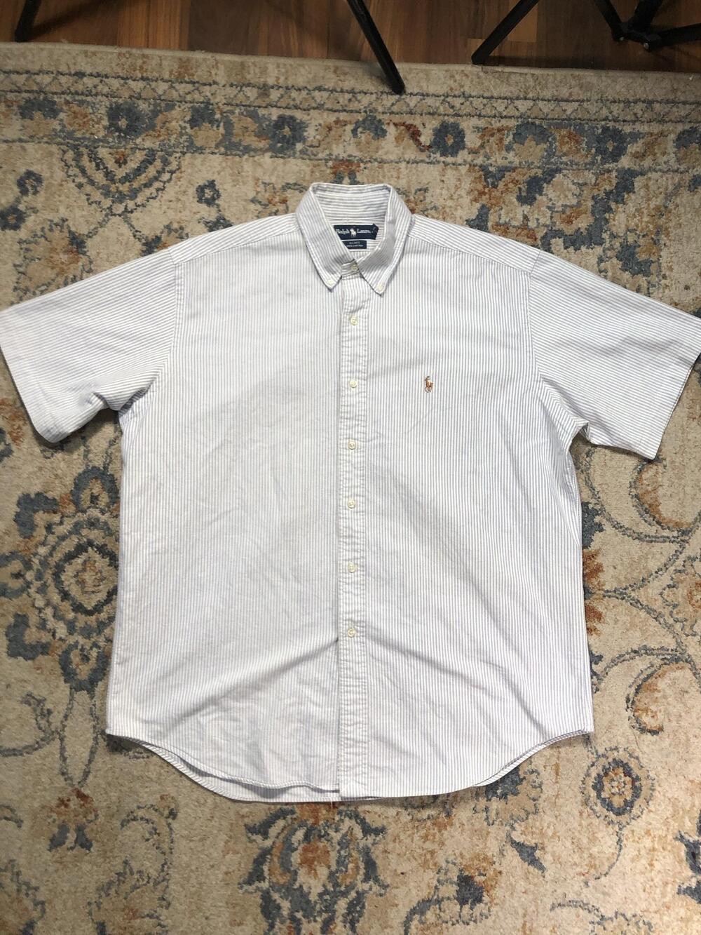 Ralph Lauren Shirt Mens L Blue Stripe Short Sleeve Button Down Pony Logo Casual